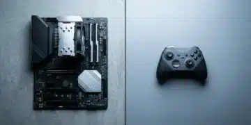 A gaming PC motherboard with CPU cooler and RAM on one side, and a console controller on the other, symbolizing the choice between PC and console gaming.
