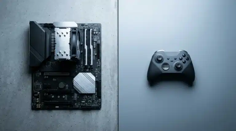 A gaming PC motherboard with CPU cooler and RAM on one side, and a console controller on the other, symbolizing the choice between PC and console gaming.