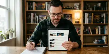 A game industry professional analyzes a detailed game review on a tablet, taking notes in a spiral-bound notebook, in a warm home office setting.