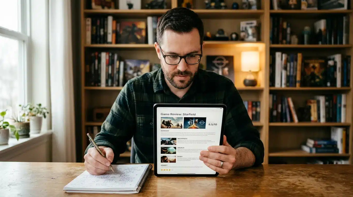 A game industry professional analyzes a detailed game review on a tablet, taking notes in a spiral-bound notebook, in a warm home office setting.