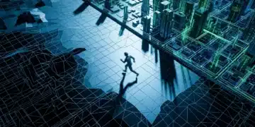 Aerial view of a digital landscape split between a complete, glowing cybernetic city and an incomplete, wireframe section, with a blurred figure rushing across the unfinished part.