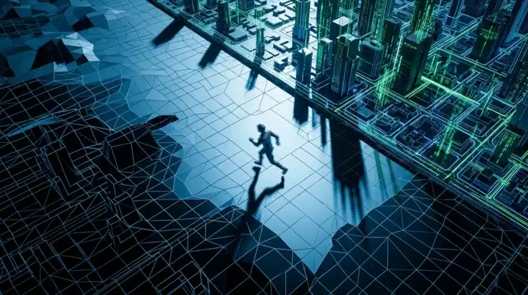 Aerial view of a digital landscape split between a complete, glowing cybernetic city and an incomplete, wireframe section, with a blurred figure rushing across the unfinished part.
