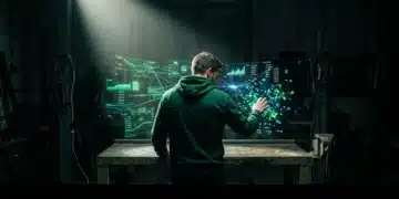 A data analyst in a green hoodie interacts with complex holographic gaming data streams on a metal workbench under dramatic lighting, symbolizing the challenge of extracting insights from raw telemetry.