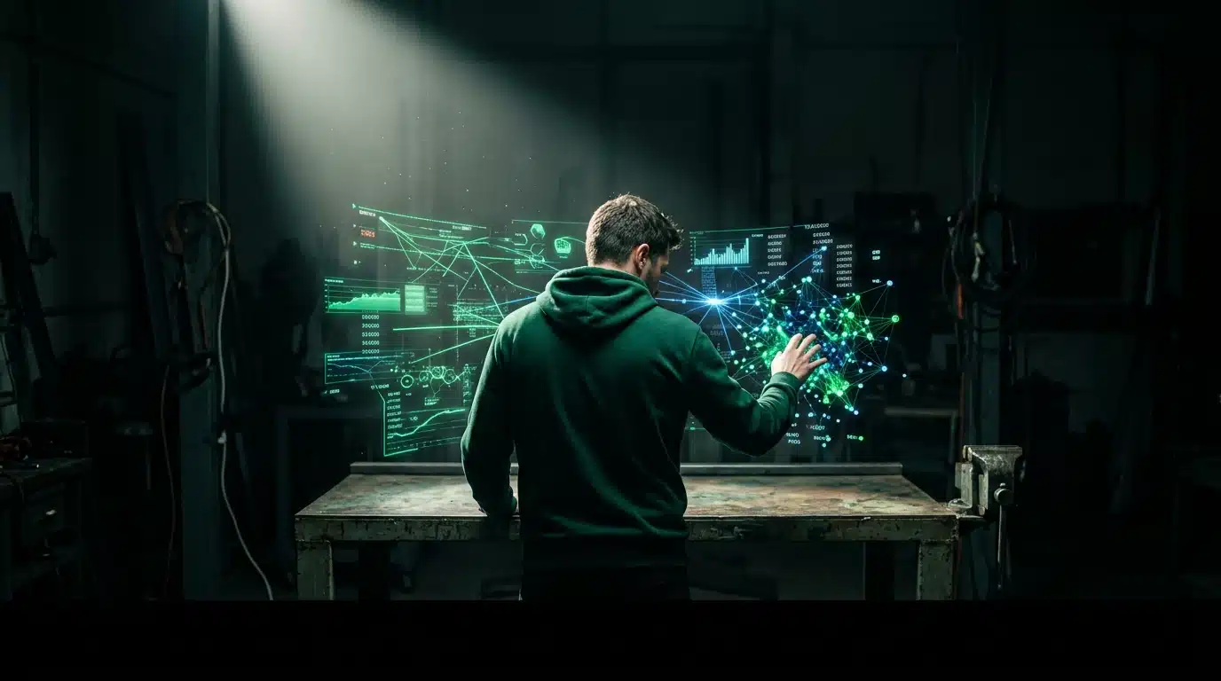 A data analyst in a green hoodie interacts with complex holographic gaming data streams on a metal workbench under dramatic lighting, symbolizing the challenge of extracting insights from raw telemetry.