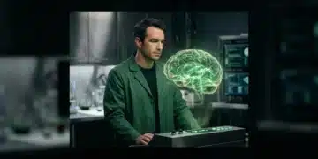 A neuroscientist in a lab coat observing a glowing green holographic brain model, illustrating neurochemical rewards and cognitive functions during gaming.
