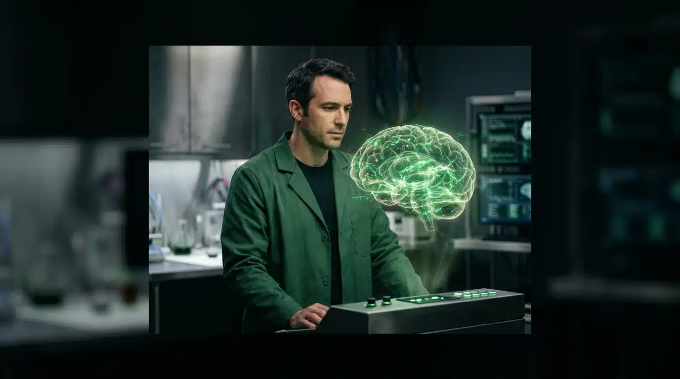 A neuroscientist in a lab coat observing a glowing green holographic brain model, illustrating neurochemical rewards and cognitive functions during gaming.