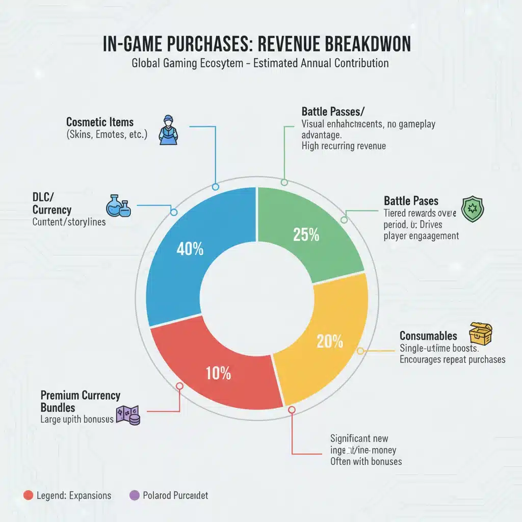 Infographic showing various in-game purchase types and their impact on game revenue.