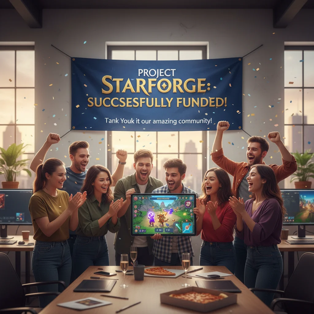 Diverse indie game studio team celebrating successful grant funding