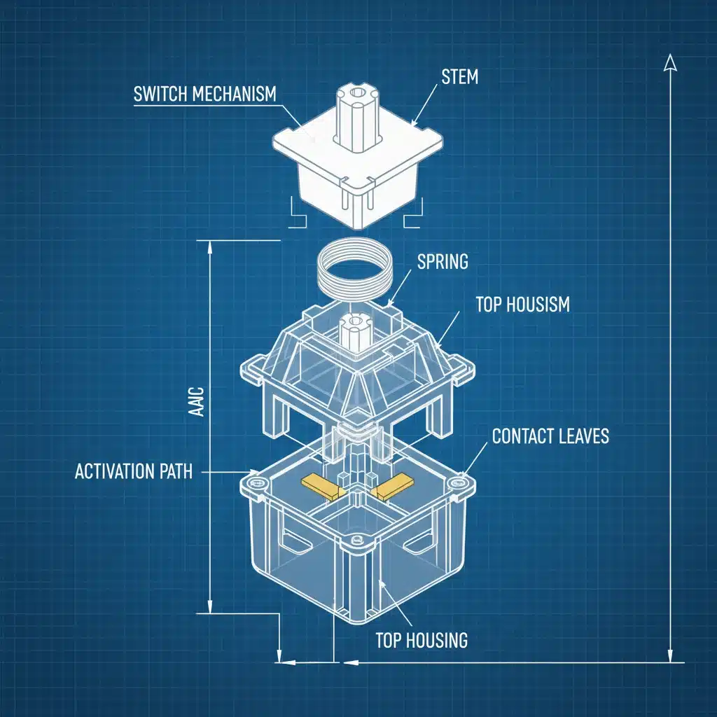 Internal components and mechanism of a mechanical keyboard switch explained