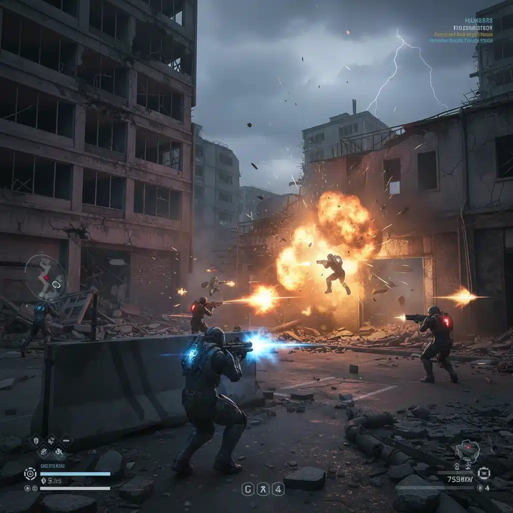 Intense multiplayer FPS firefight with destructible environments and dynamic lighting.