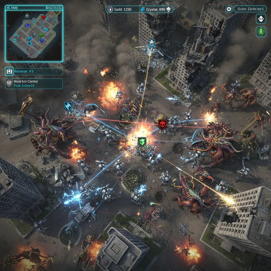 Dynamic real-time strategy battle with unit pathfinding and environmental destruction.