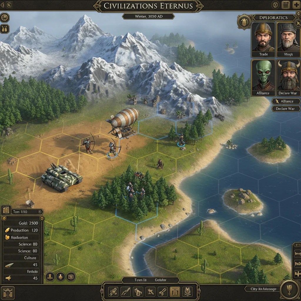 Intricate hexagonal map from a turn-based strategy game with diverse units and detailed UI.