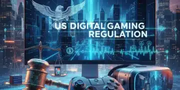 Futuristic gaming setup with legal symbols, representing US gaming regulations