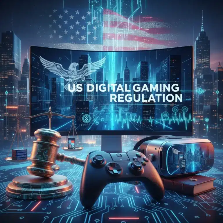 Futuristic gaming setup with legal symbols, representing US gaming regulations