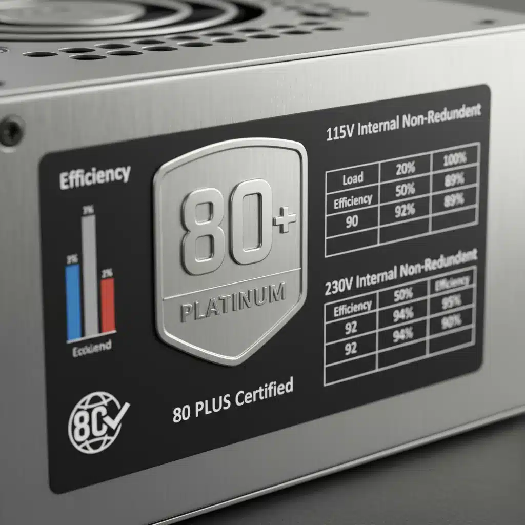 Close-up of an 80 Plus Platinum certification logo on a PSU, highlighting energy efficiency standards.
