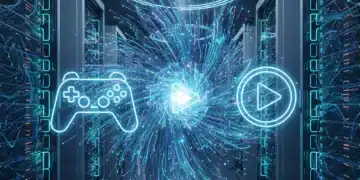Futuristic data centre with glowing servers and fibre optic cables, representing cloud gaming infrastructure.