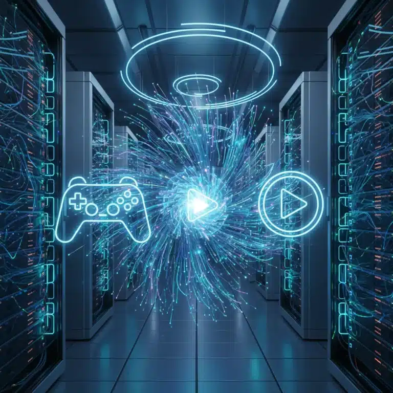 Futuristic data centre with glowing servers and fibre optic cables, representing cloud gaming infrastructure.