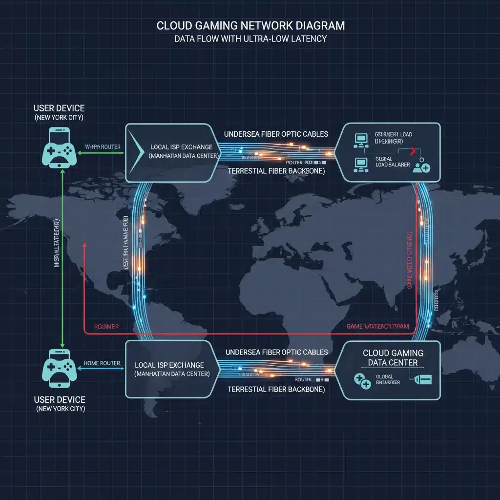 Complex network diagram showing cloud gaming data flow from US user to server.