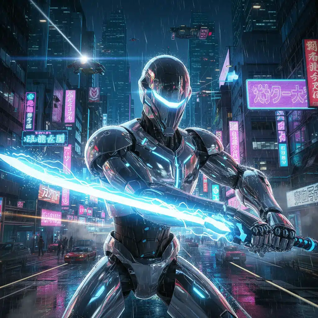 Cybernetic Serenade action shot: robot protagonist with glowing energy sword in neon-drenched cyberpunk city.