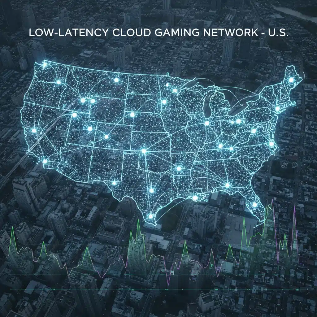 Map of US city grid with glowing data centre nodes, showing distributed network for cloud gaming.