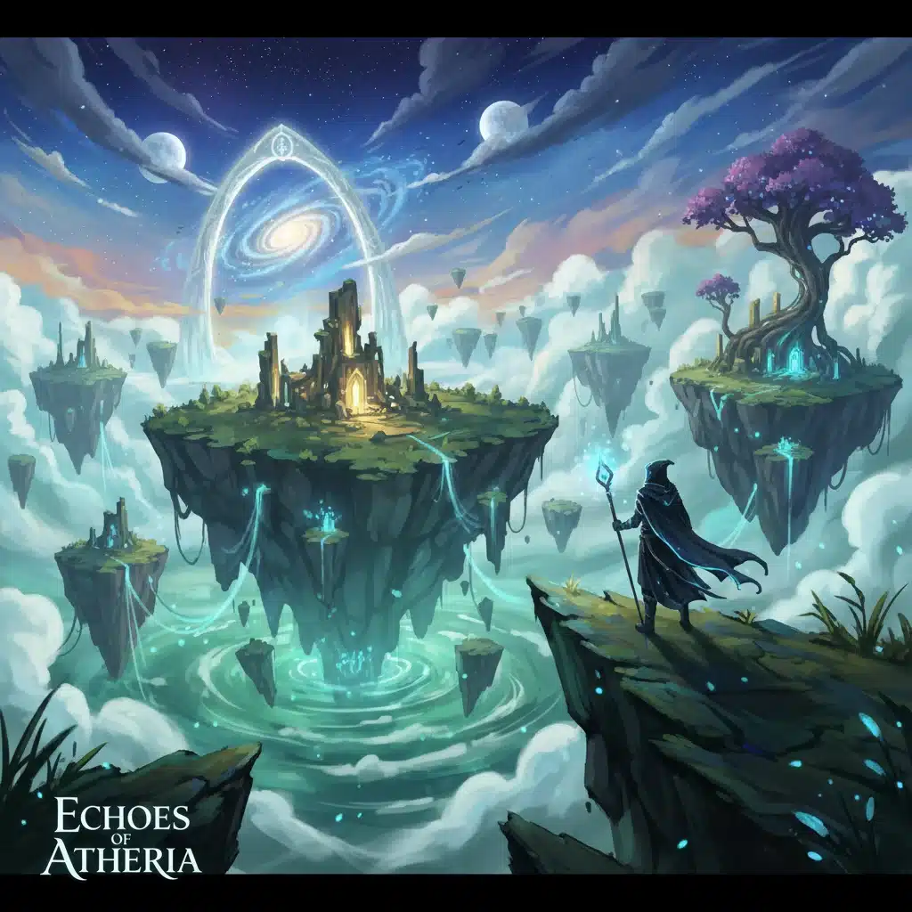 Echoes of Atheria gameplay screenshot: protagonist overlooking a mystical, floating island landscape.