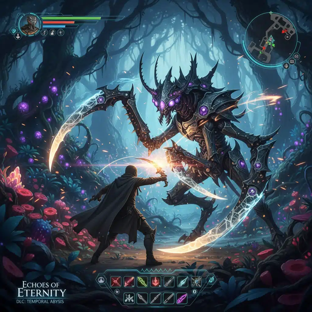 Intense in-game combat in Echoes of Eternity DLC, player battling new alien enemy.