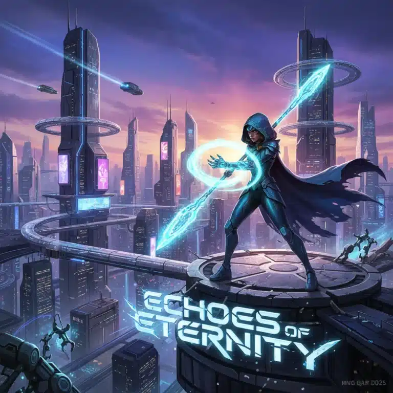 Echoes of Eternity DLC character overlooking futuristic city at dusk, a new era for gaming.