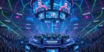 Dynamic esports arena with professional gamers and cheering fans, symbolising market growth.
