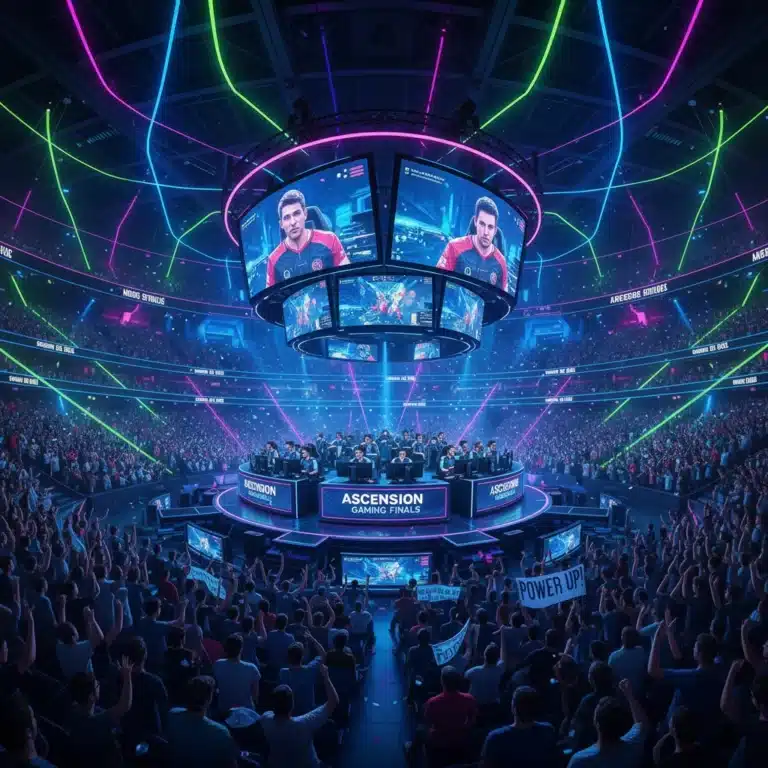 Dynamic esports arena with professional gamers and cheering fans, symbolising market growth.