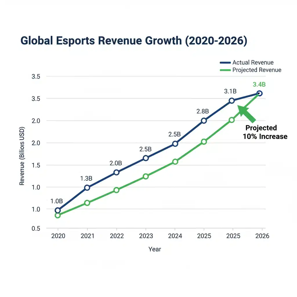 Revenue projection graph showing a 10% increase in US esports market by 2026.