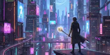 Futuristic cityscape with protagonist from anticipated indie game.