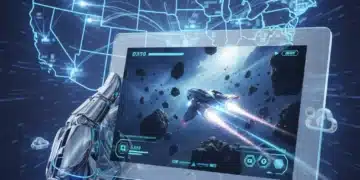 Futuristic gamer hand holding transparent tablet showing cloud game, US map in background.