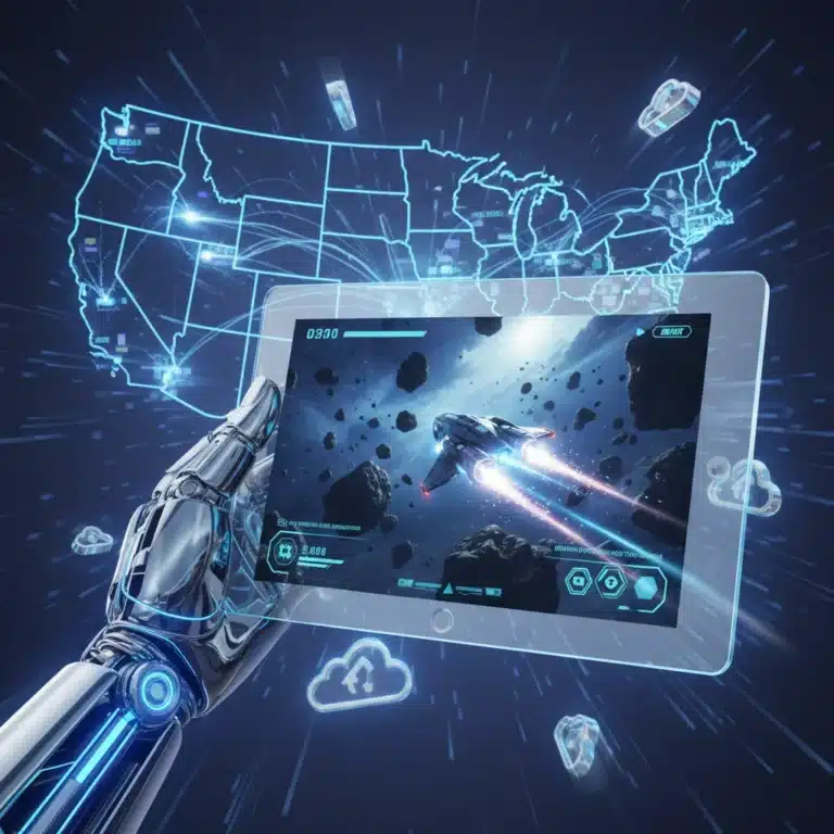 Futuristic gamer hand holding transparent tablet showing cloud game, US map in background.