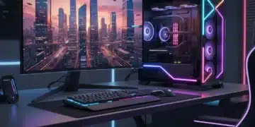 Futuristic gaming setup displaying advanced ray tracing graphics in a virtual city.