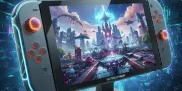 Futuristic Nintendo Switch 2 console with advanced graphics, representing next-gen gaming.