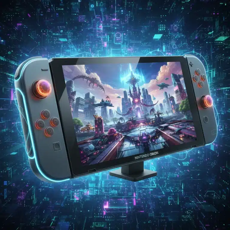 Futuristic Nintendo Switch 2 console with advanced graphics, representing next-gen gaming.