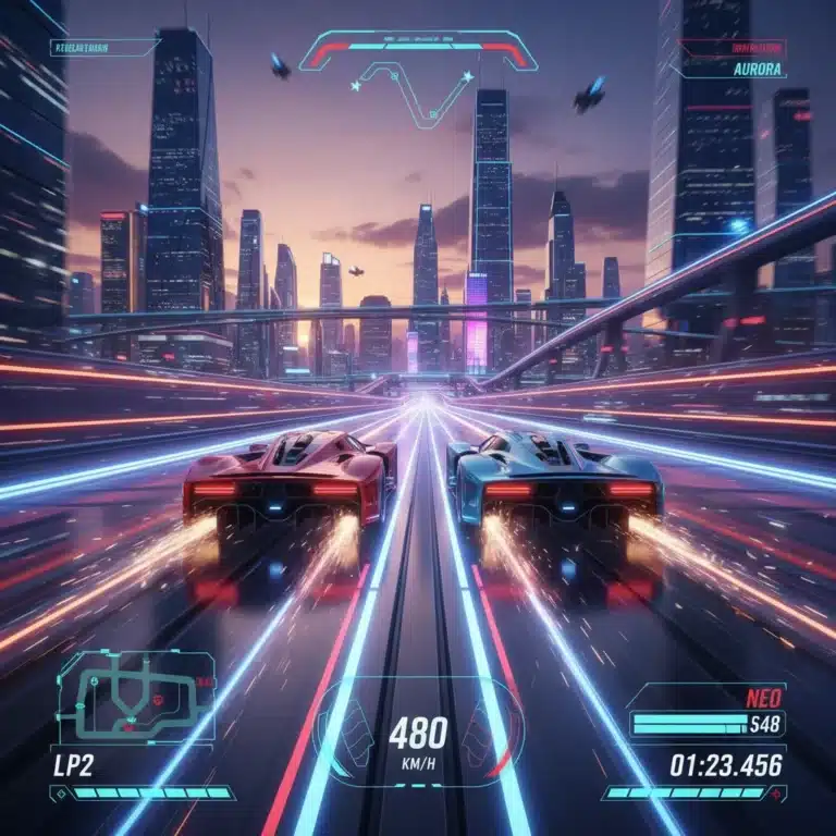 Dynamic shot of two futuristic racing cars battling on a neon-lit track, illustrating intense competition.