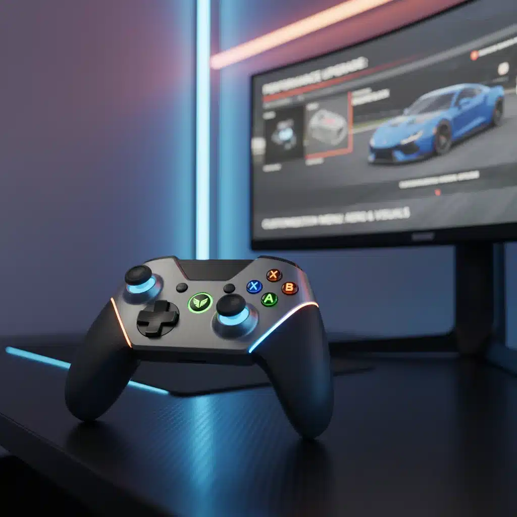 Ergonomic gaming controller with illuminated buttons, ready for intense racing gameplay.