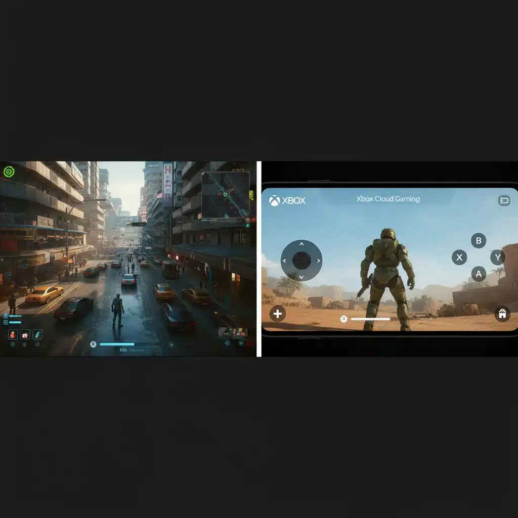 Split screen comparison of GeForce Now PC game and Xbox Cloud Gaming mobile interface.
