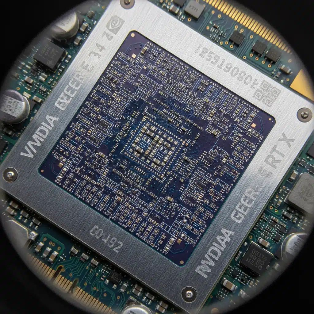 Close-up of a high-performance GPU chip with advanced circuitry.