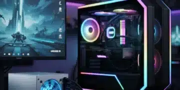 High-end 80 Plus Platinum PSU next to a futuristic gaming PC, showcasing power and efficiency for 2026 builds.