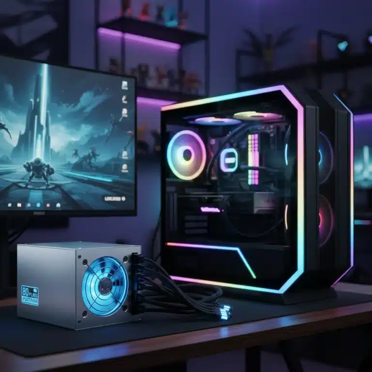 High-end 80 Plus Platinum PSU next to a futuristic gaming PC, showcasing power and efficiency for 2026 builds.