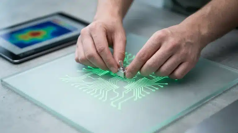 Hands precisely placing a small aluminum switch onto a glowing green circuit board pattern, symbolizing identifying unmet gamer needs and closing skill gaps in gaming tech.