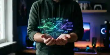 A gamer's hands cupped, displaying a holographic data visualization of experiential review metrics, symbolizing the future of game reviews beyond traditional scores.