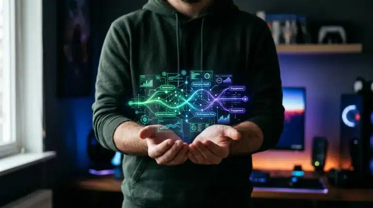A gamer's hands cupped, displaying a holographic data visualization of experiential review metrics, symbolizing the future of game reviews beyond traditional scores.