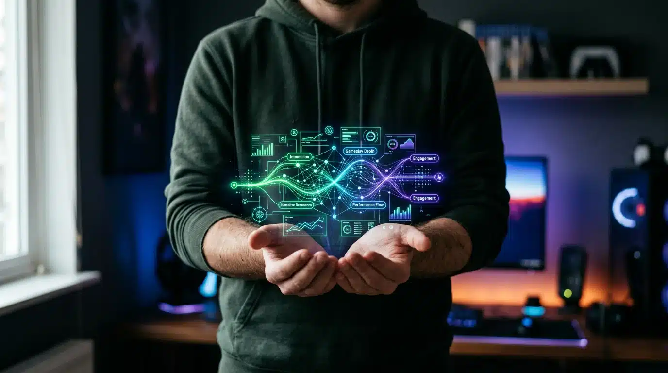 A gamer's hands cupped, displaying a holographic data visualization of experiential review metrics, symbolizing the future of game reviews beyond traditional scores.