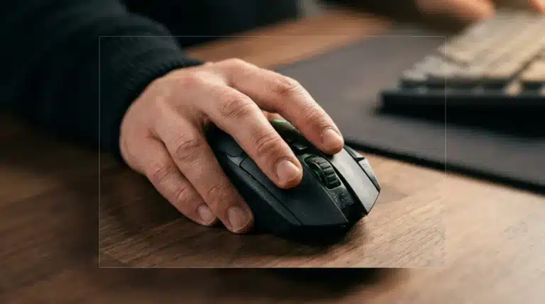 Close-up of hands interacting with an ergonomic gaming mouse, highlighting subtle design elements and texture under warm, diffused light.