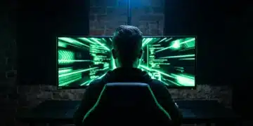 A gamer's silhouette against a brightly lit, curved esports monitor displaying fast-moving green graphics, illustrating cutting-edge display technology and intense focus in competitive play.