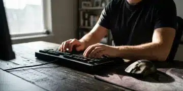 A gamer's hands on an ergonomic, modular keyboard and mouse, illustrating advanced comfort in gaming accessories.