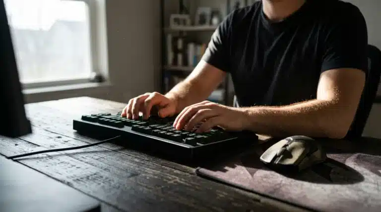 A gamer's hands on an ergonomic, modular keyboard and mouse, illustrating advanced comfort in gaming accessories.